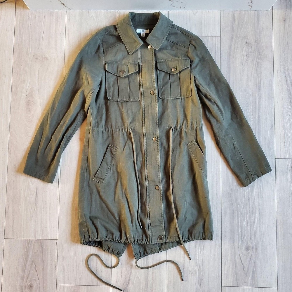 BP. Jacket Womens XXS Green Cotton Twill Military Snap Front Drawstring Pockets